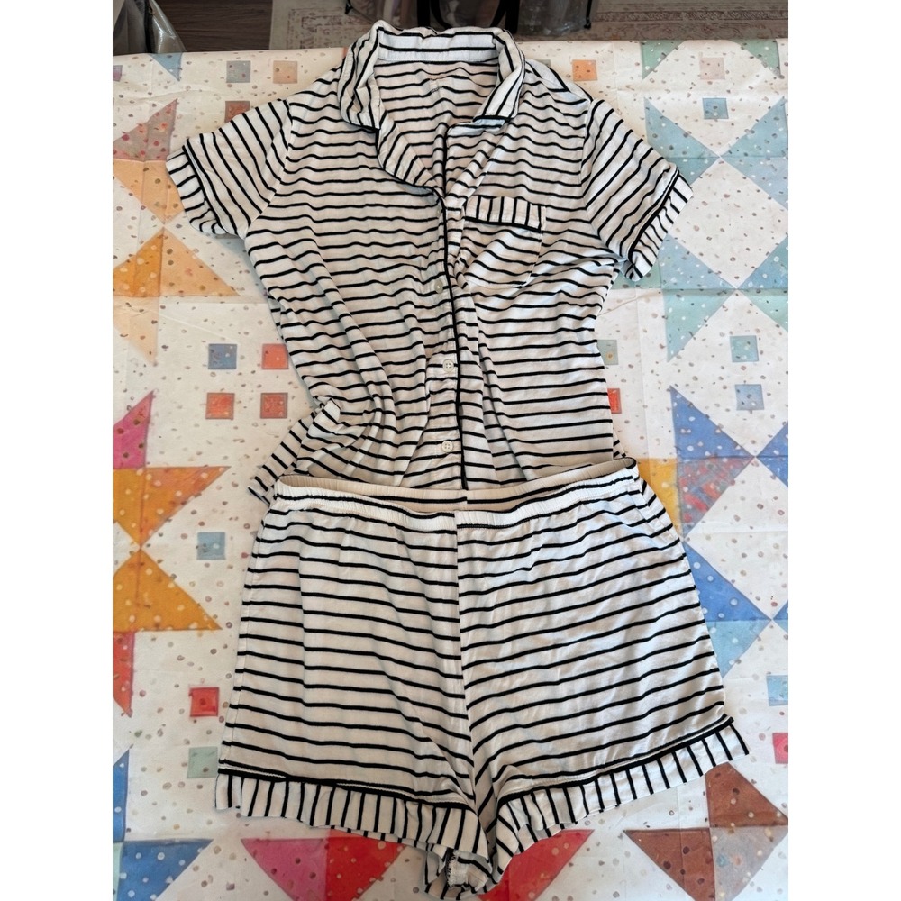 Stars Above Womens Striped Pajama Set Short Sleeve Button Up Shorts M